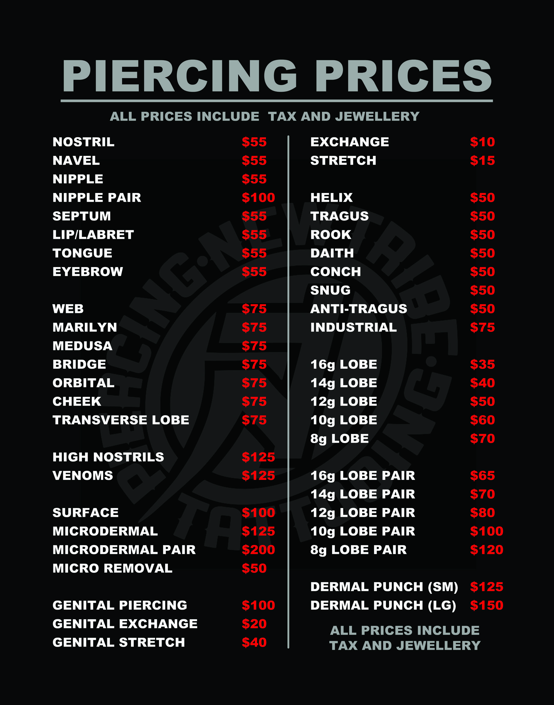 Piercing Prices – New Tribe Toronto Tattoo Shop & Piercing Studio ...